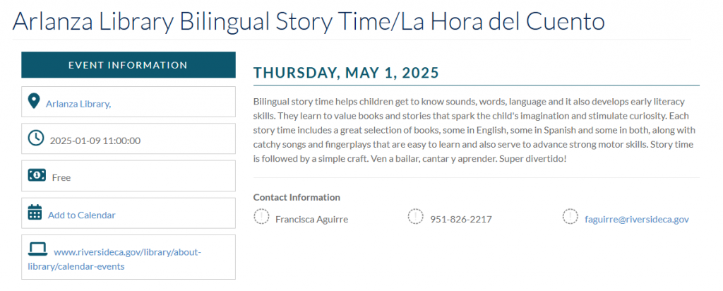 Arlanza Library Bilingual Story Time/La Hora del Cuento (Riverside)
