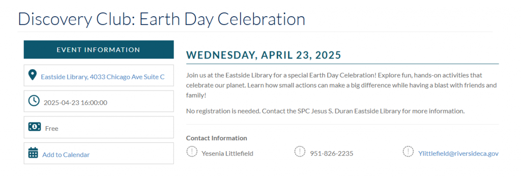 Discovery Club: Earth Day Celebration (Riverside)