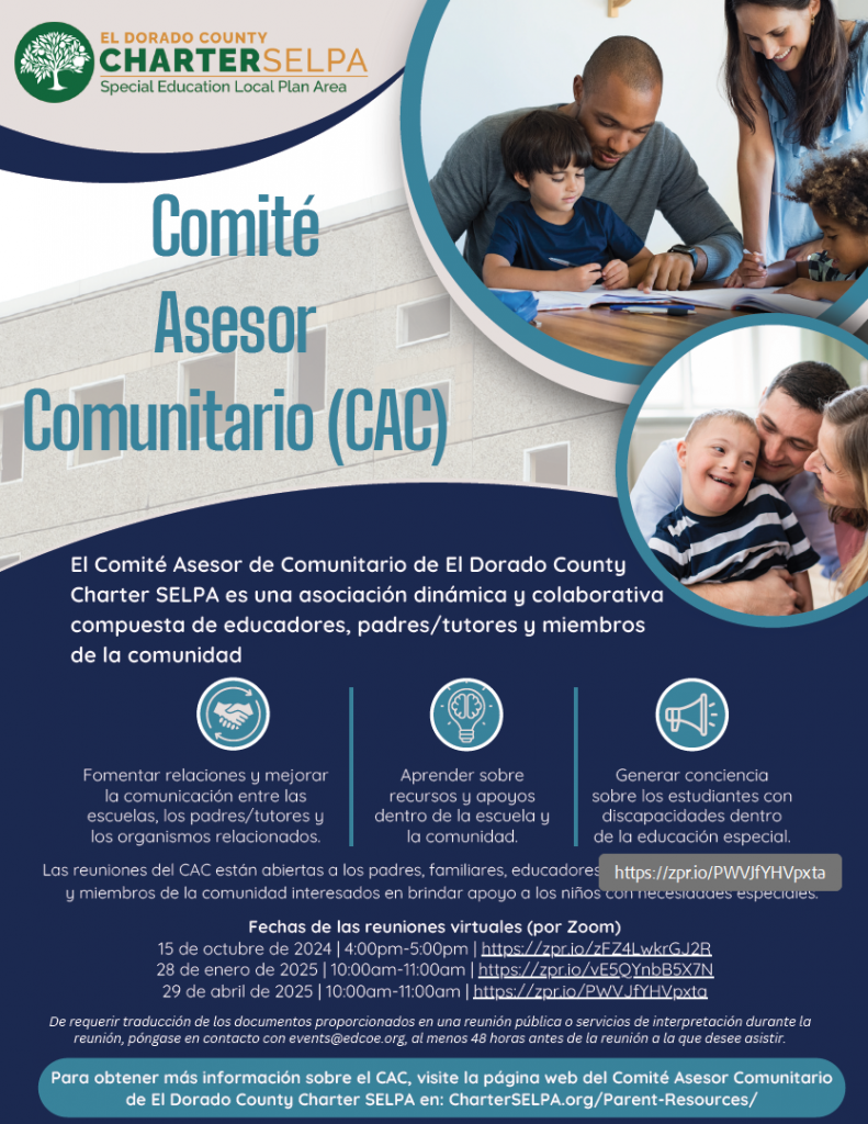 Reunión del CAC de SELPA Charter del Condado de El Dorado (Virtual)