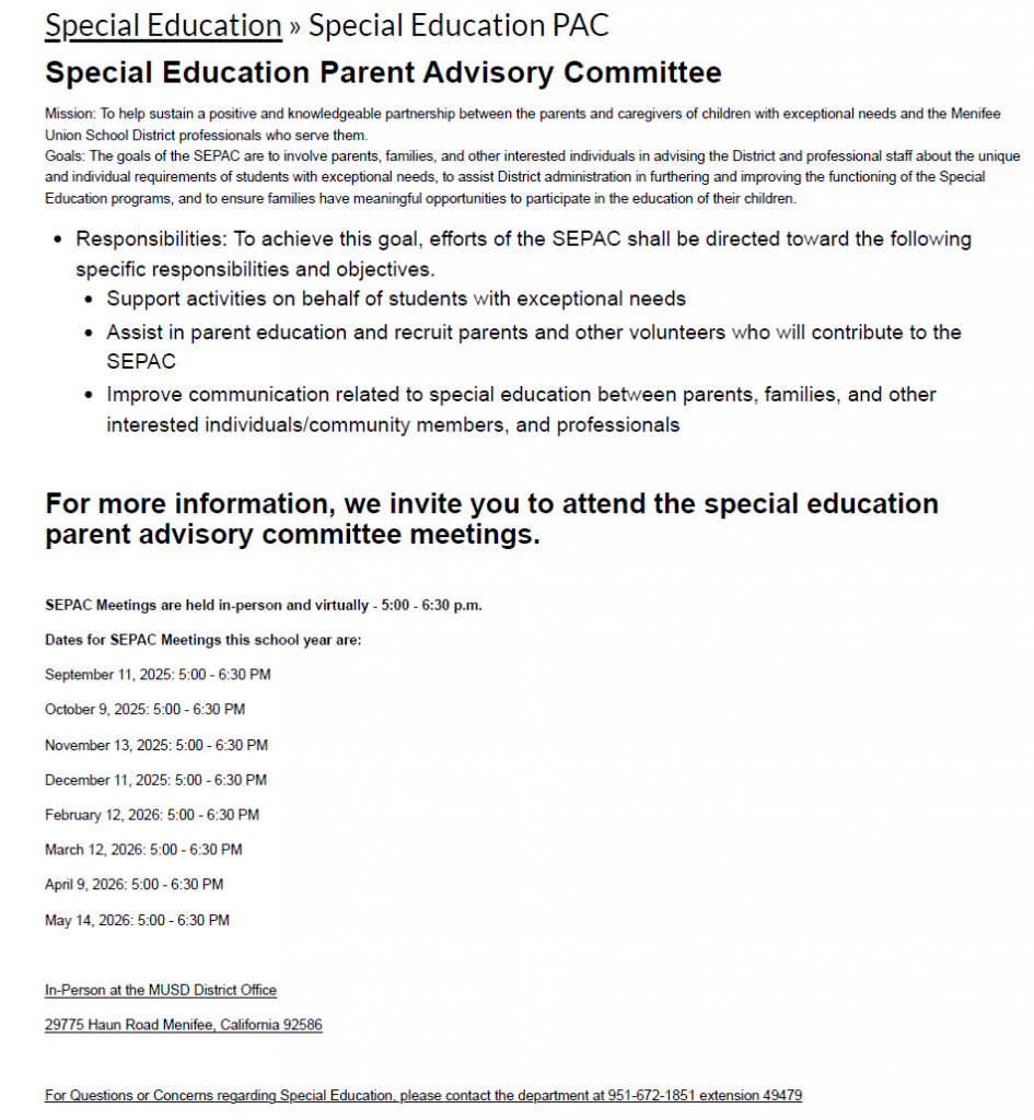 Menifee Union School District: SEPAC Meeting (Menifee)